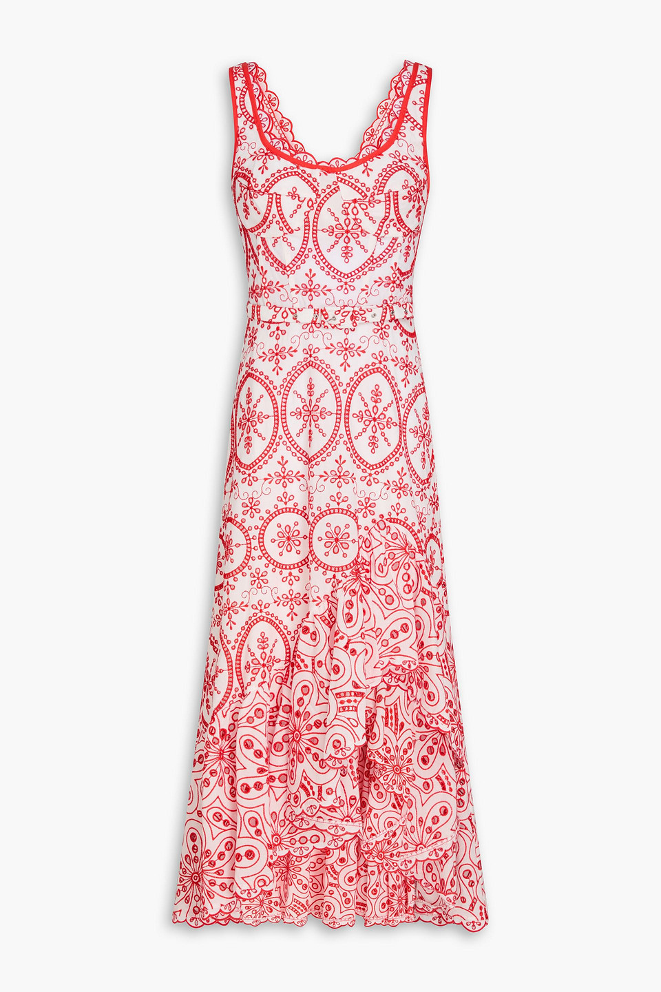 Charo Ruiz Tatyana Belted Ruffled Broderie Anglaise Cotton-blend Midi Dress In Rot