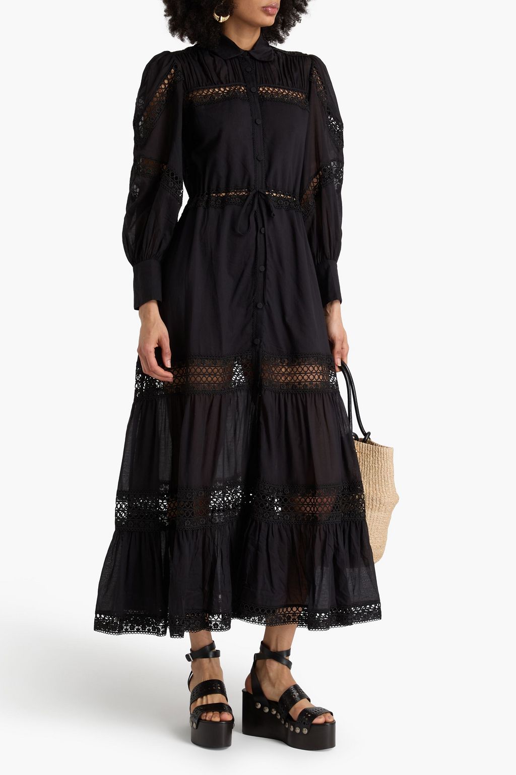 CHARO RUIZ IBIZA Ileana guipure lace-trimmed cotton-blend voile maxi shirt dress