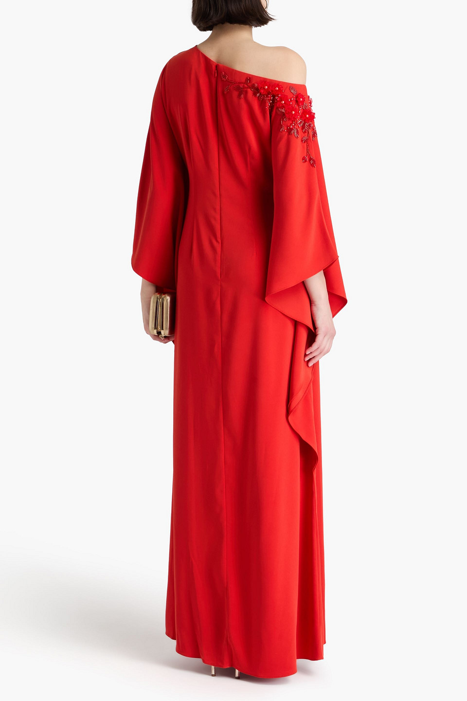 Shop Marchesa Notte Off-the-shoulder Embellished Crepe Gown In Tomato Red
