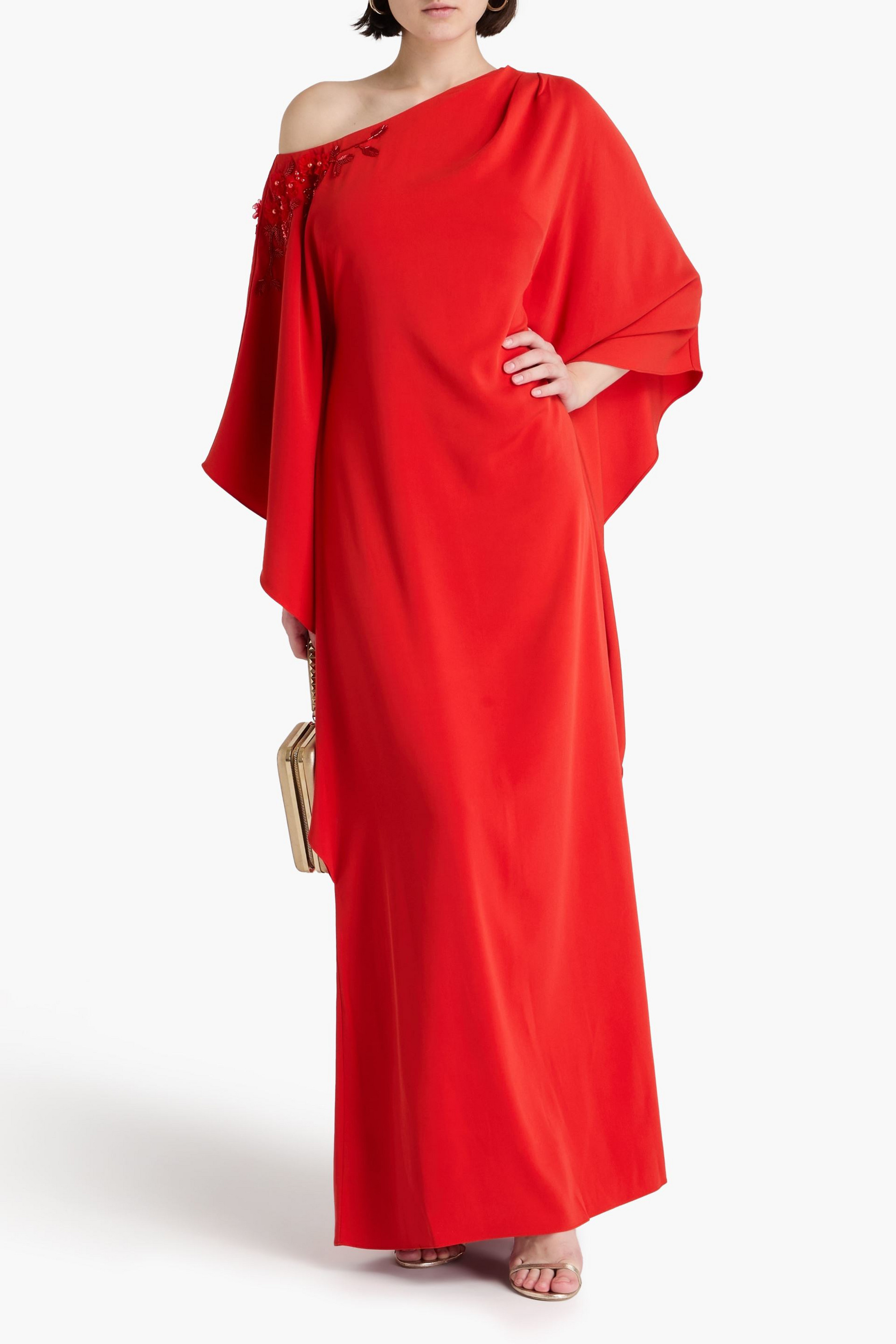 MARCHESA NOTTE Off-the-shoulder embellished crepe gown