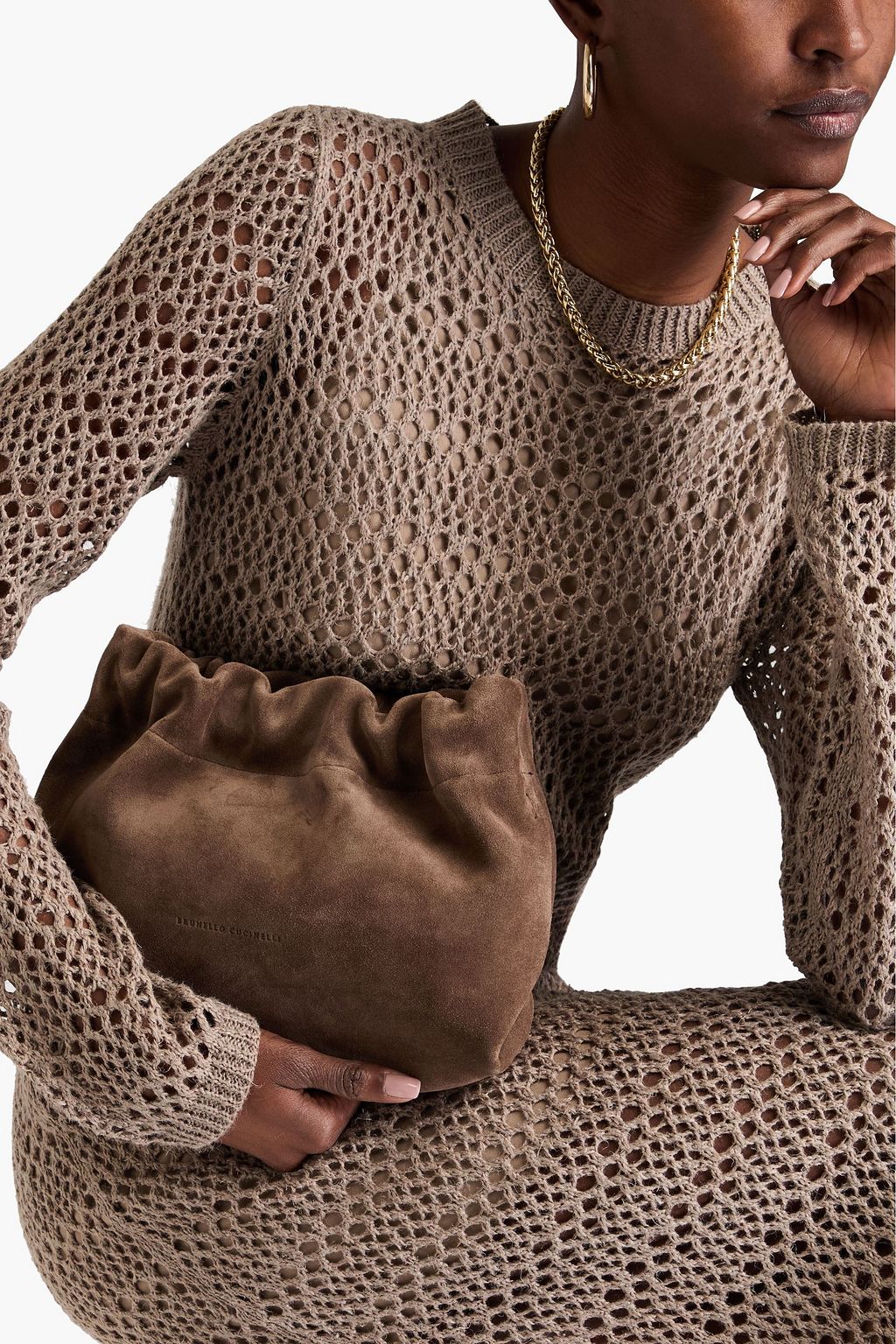 BRUNELLO CUCINELLI Bead-embellished gathered suede cross-body bag