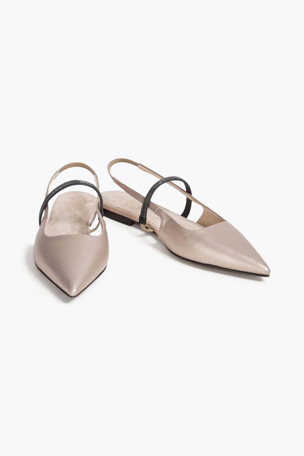 BRUNELLO CUCINELLI Bead-embellished metallic leather point-toe flats