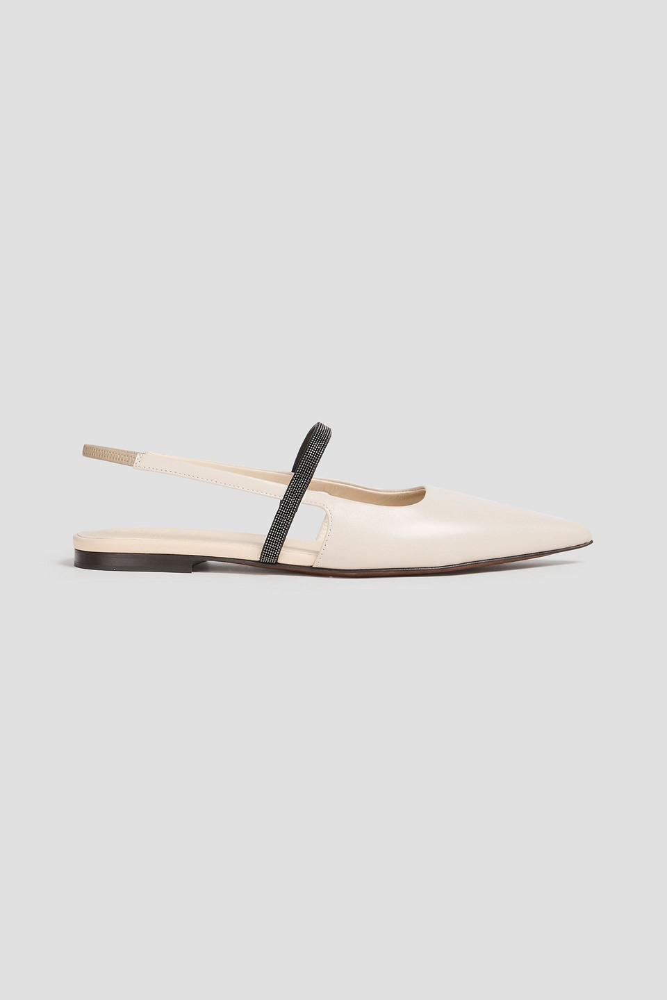 Brunello Cucinelli Bead-embellished Leather Point-toe Flats In Ecru