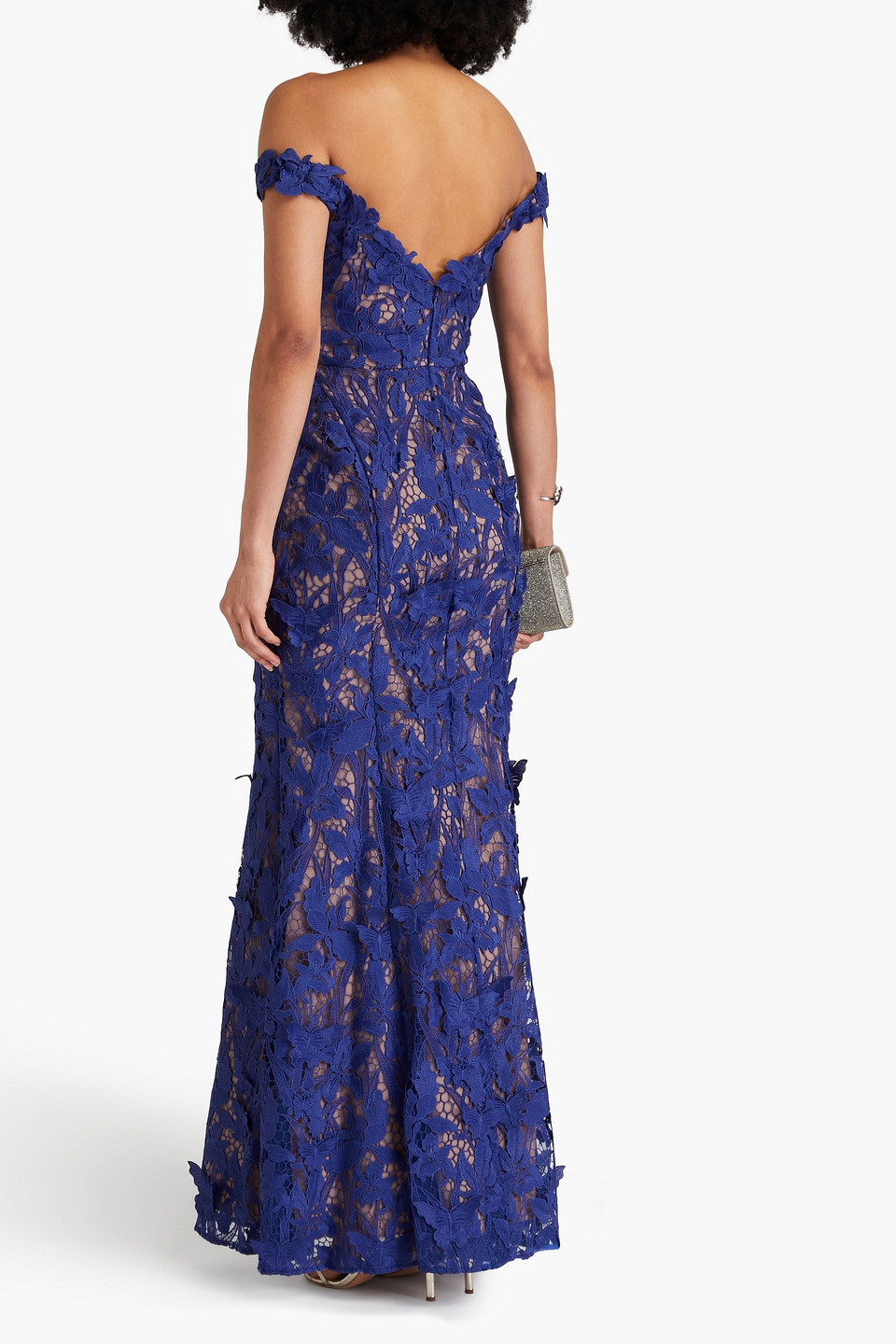 Shop Marchesa Notte Off-the-shoulder Guipure Lace Gown In Navy
