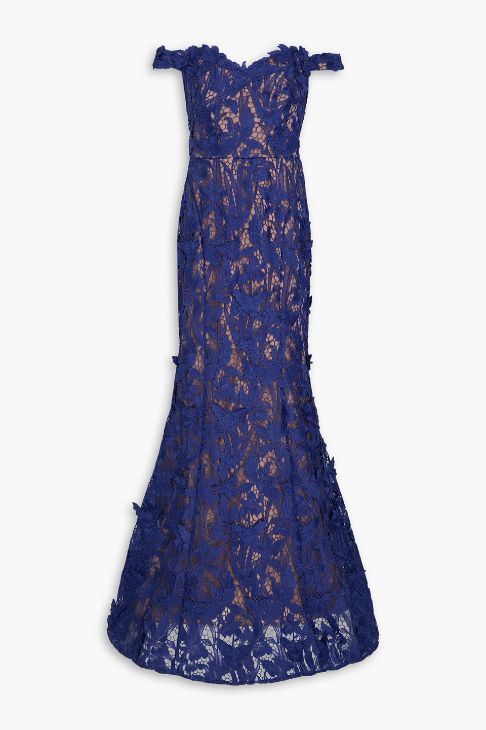 Shop Marchesa Notte Off-the-shoulder Guipure Lace Gown In Navy
