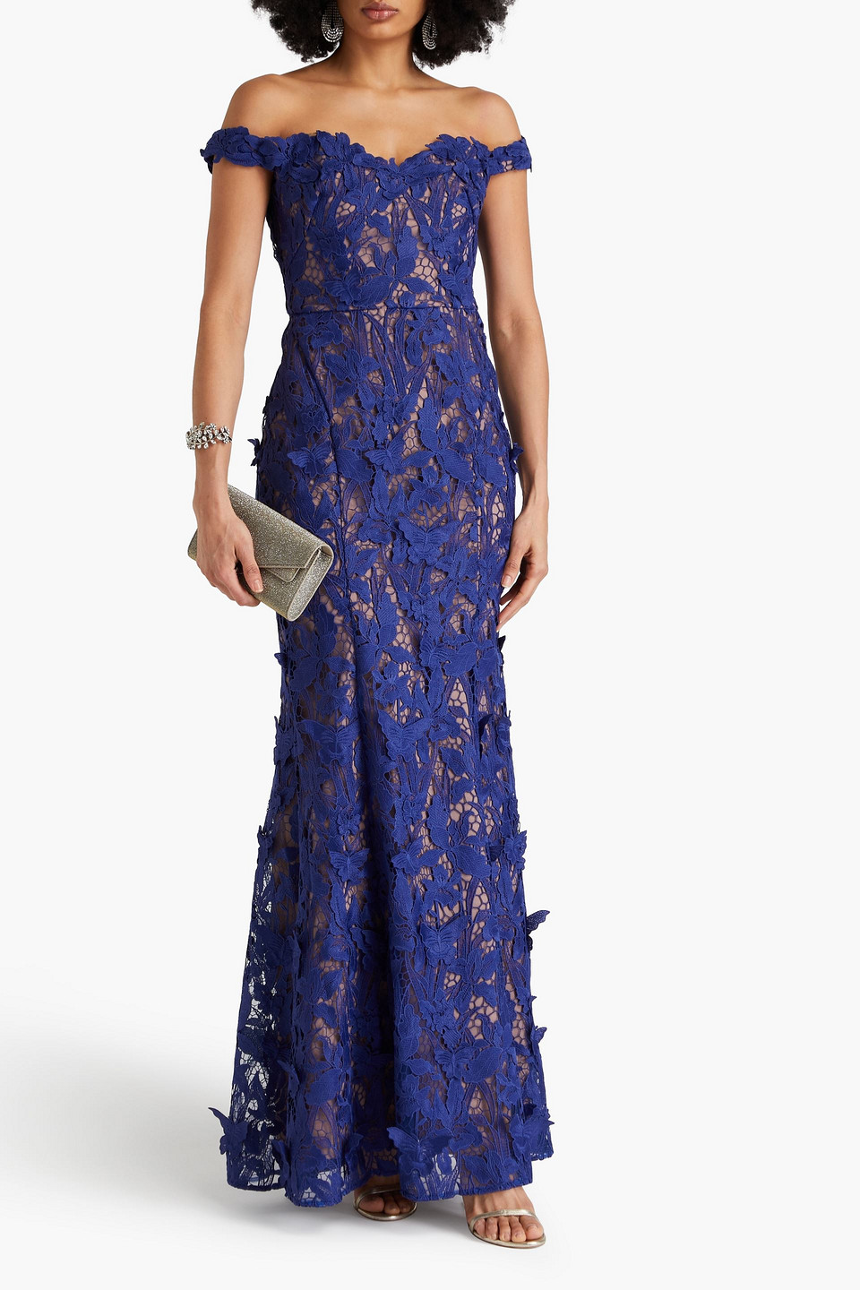 Shop Marchesa Notte Off-the-shoulder Guipure Lace Gown In Navy