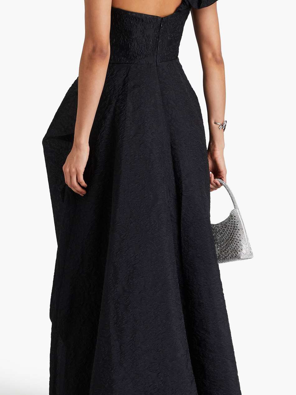 one-shoulder ruffled cloqué gown