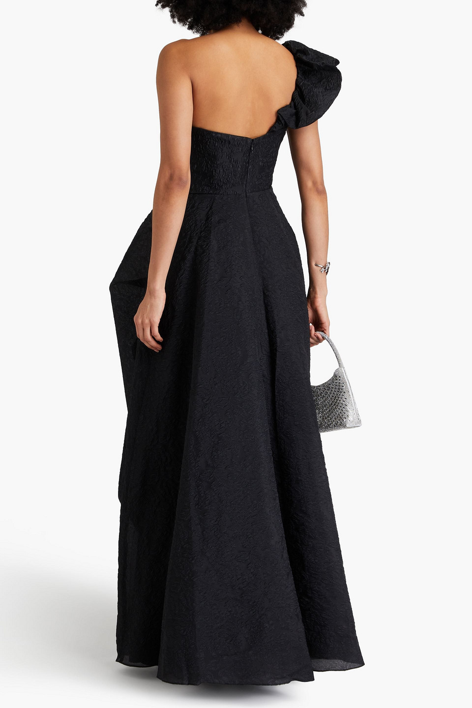Marchesa Notte One-shoulder Ruffled Cloqué Gown In Black