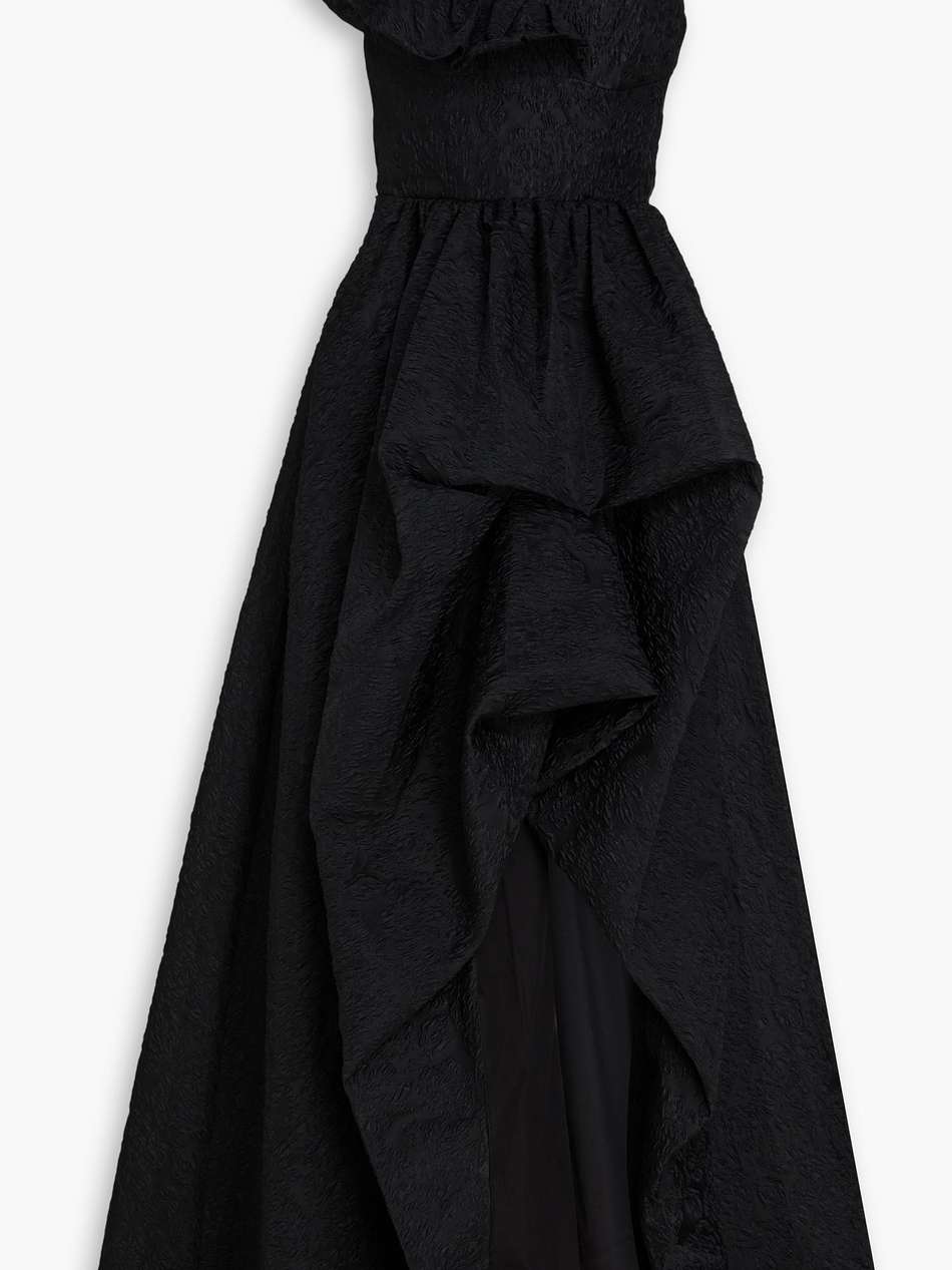 one-shoulder ruffled cloqué gown