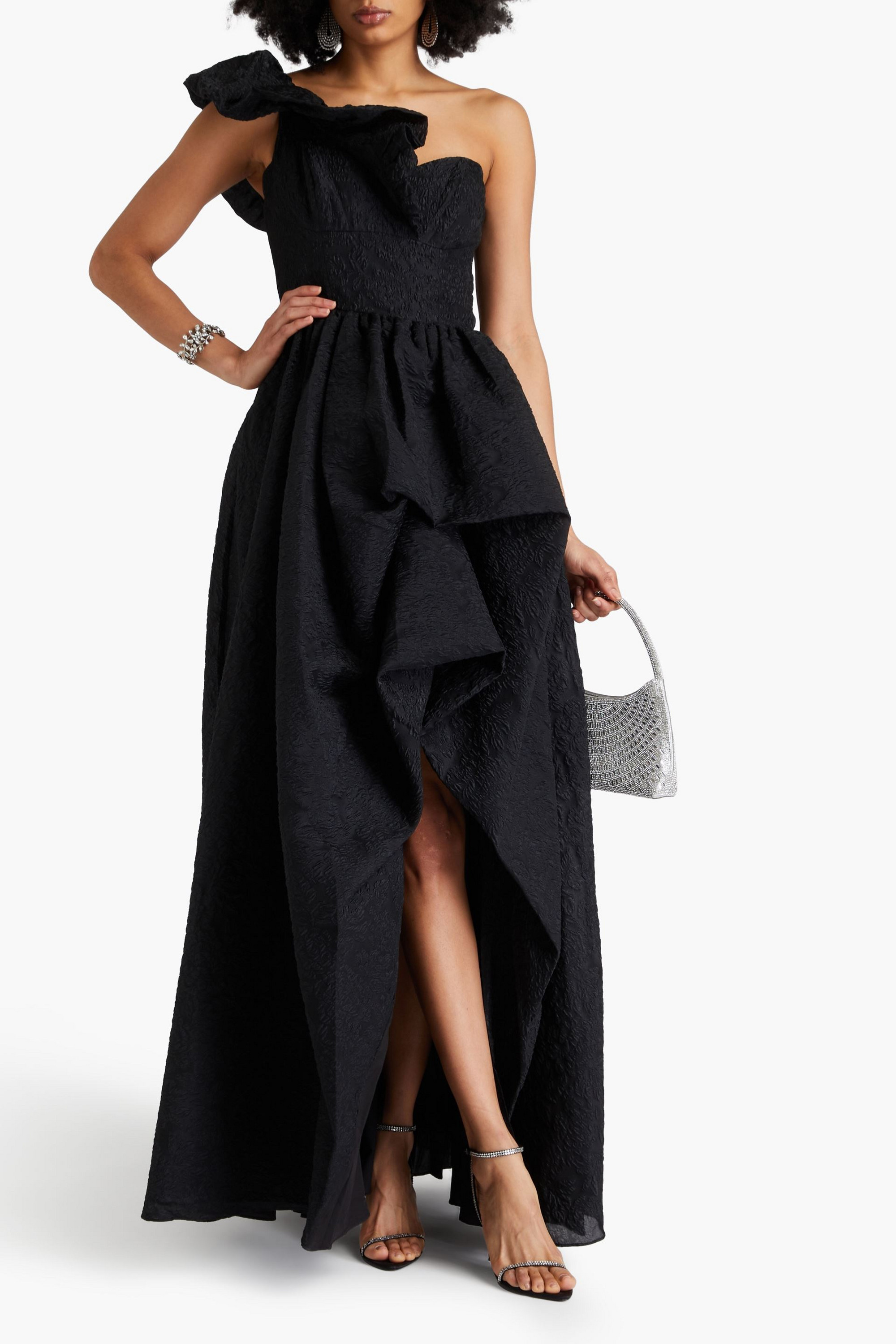 MARCHESA NOTTE One-shoulder ruffled cloqué gown