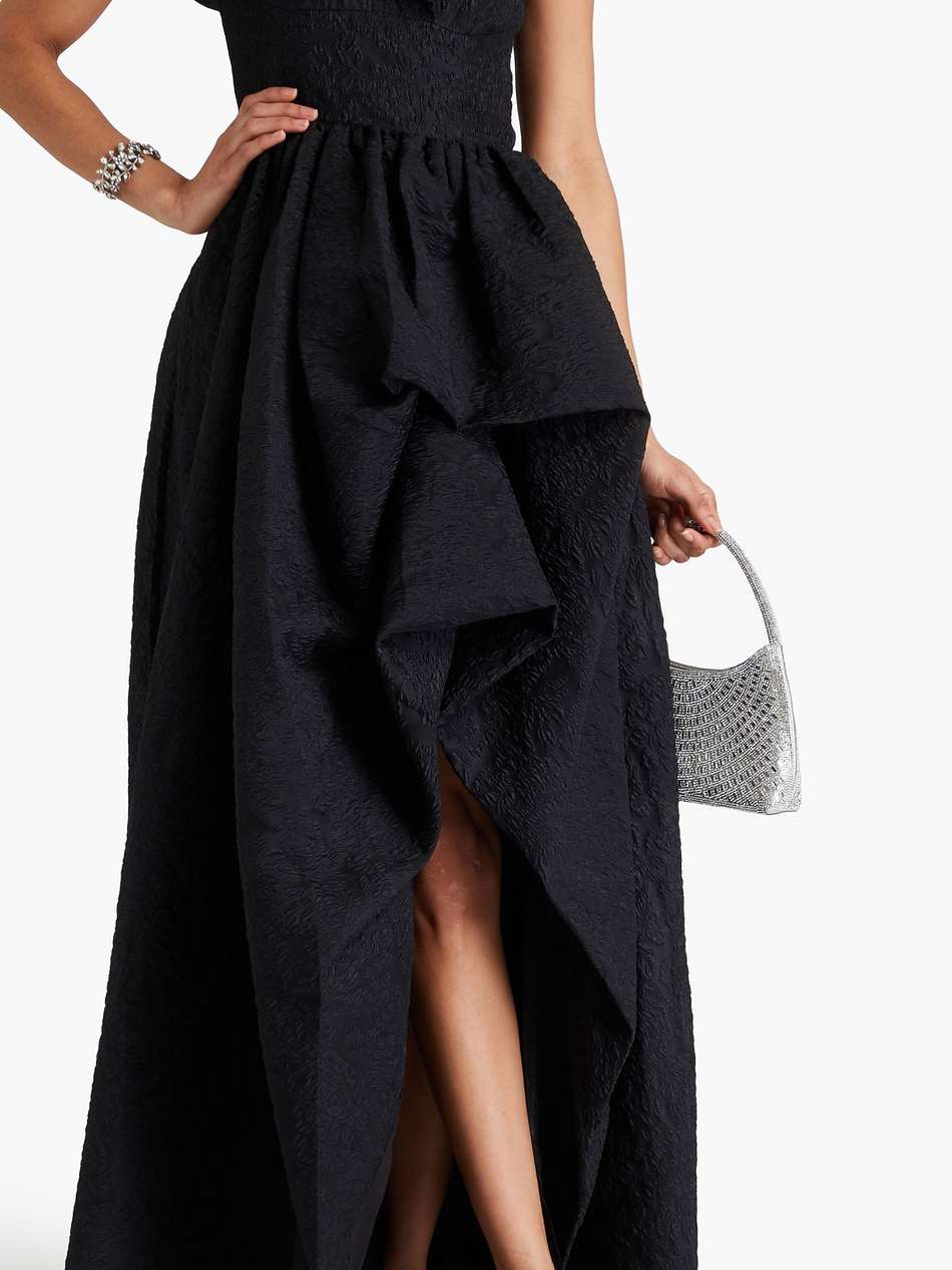 one-shoulder ruffled cloqué gown