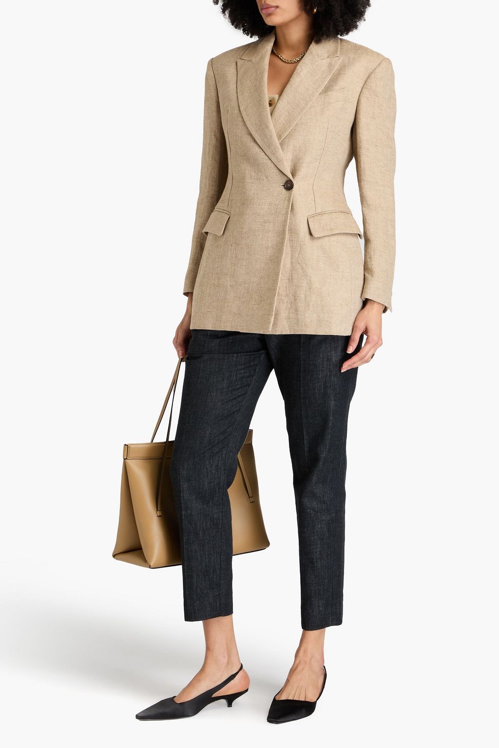 BRUNELLO CUCINELLI بليزر من الكتان وبصفين من الأزرار مزين بالخرز