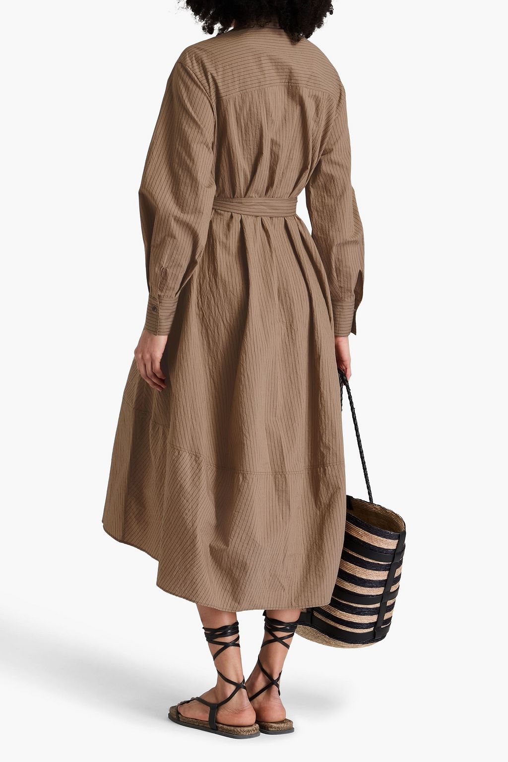 BRUNELLO CUCINELLI コットン混 ミディシャツワンピース ビーズ付き ストライプ