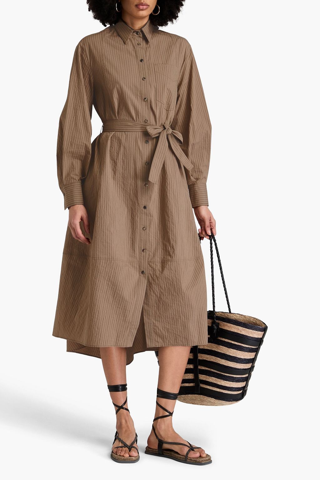 BRUNELLO CUCINELLI コットン混 ミディシャツワンピース ビーズ付き ストライプ