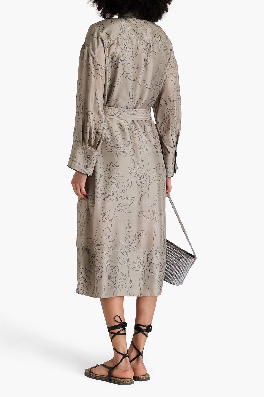 BRUNELLO CUCINELLI シルク マキシシャツワンピース ベルト付き プリント入り
