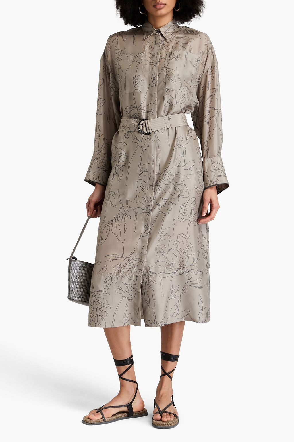 BRUNELLO CUCINELLI シルク マキシシャツワンピース ベルト付き プリント入り