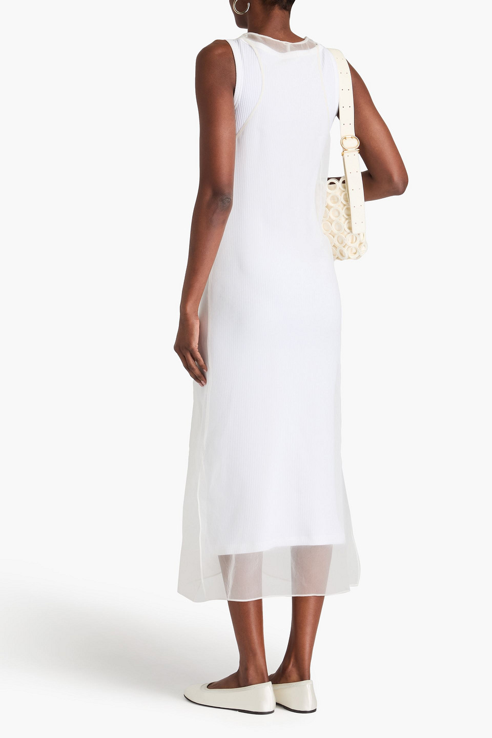 Brunello Cucinelli Mehrlagiges Midikleid Aus Organza Und Stretch-baumwoll-jersey In Weiss