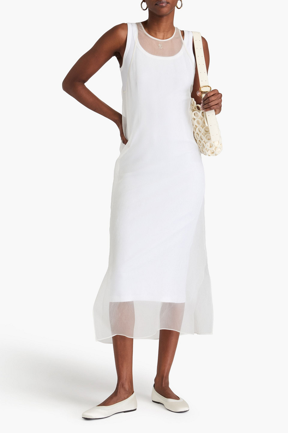Brunello Cucinelli Mehrlagiges Midikleid Aus Organza Und Stretch-baumwoll-jersey In Weiss