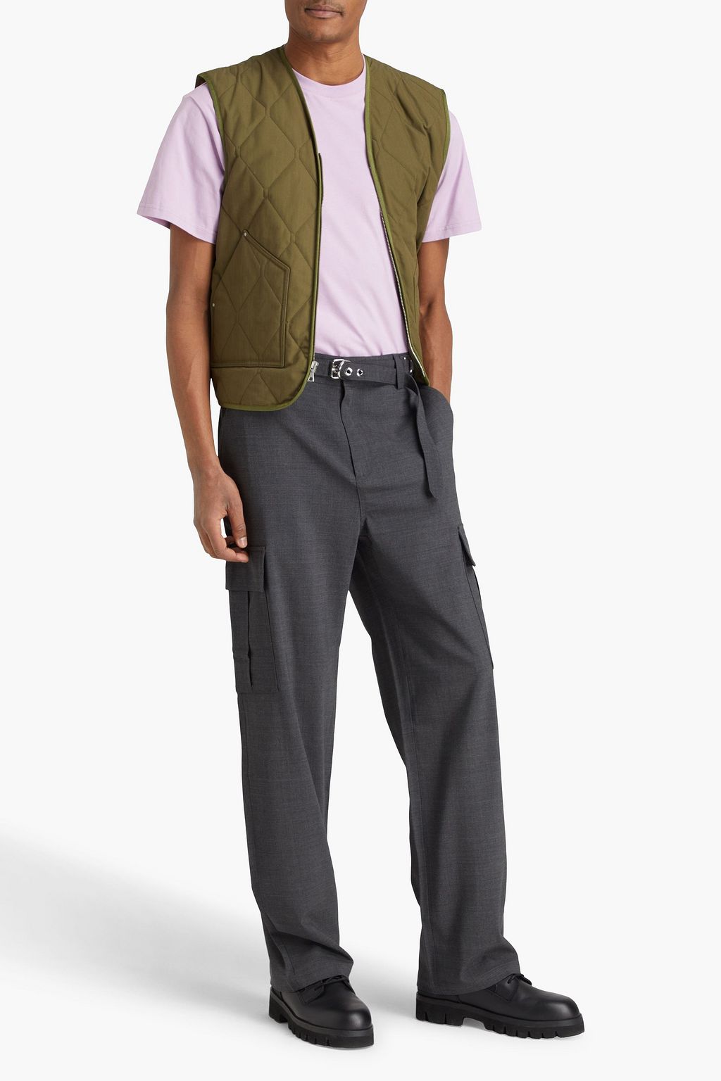 JW ANDERSON بنطال كارغو من مزيج الصوف بتصميم مزركش ومزود بحزام