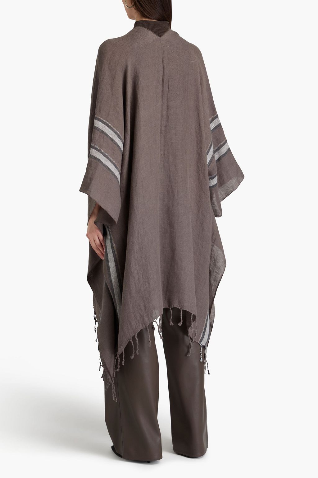 BRUNELLO CUCINELLI 프린지 장식 메탈릭 스트라이프 리넨 숄