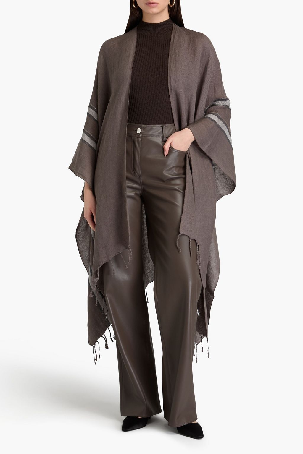 BRUNELLO CUCINELLI 프린지 장식 메탈릭 스트라이프 리넨 숄