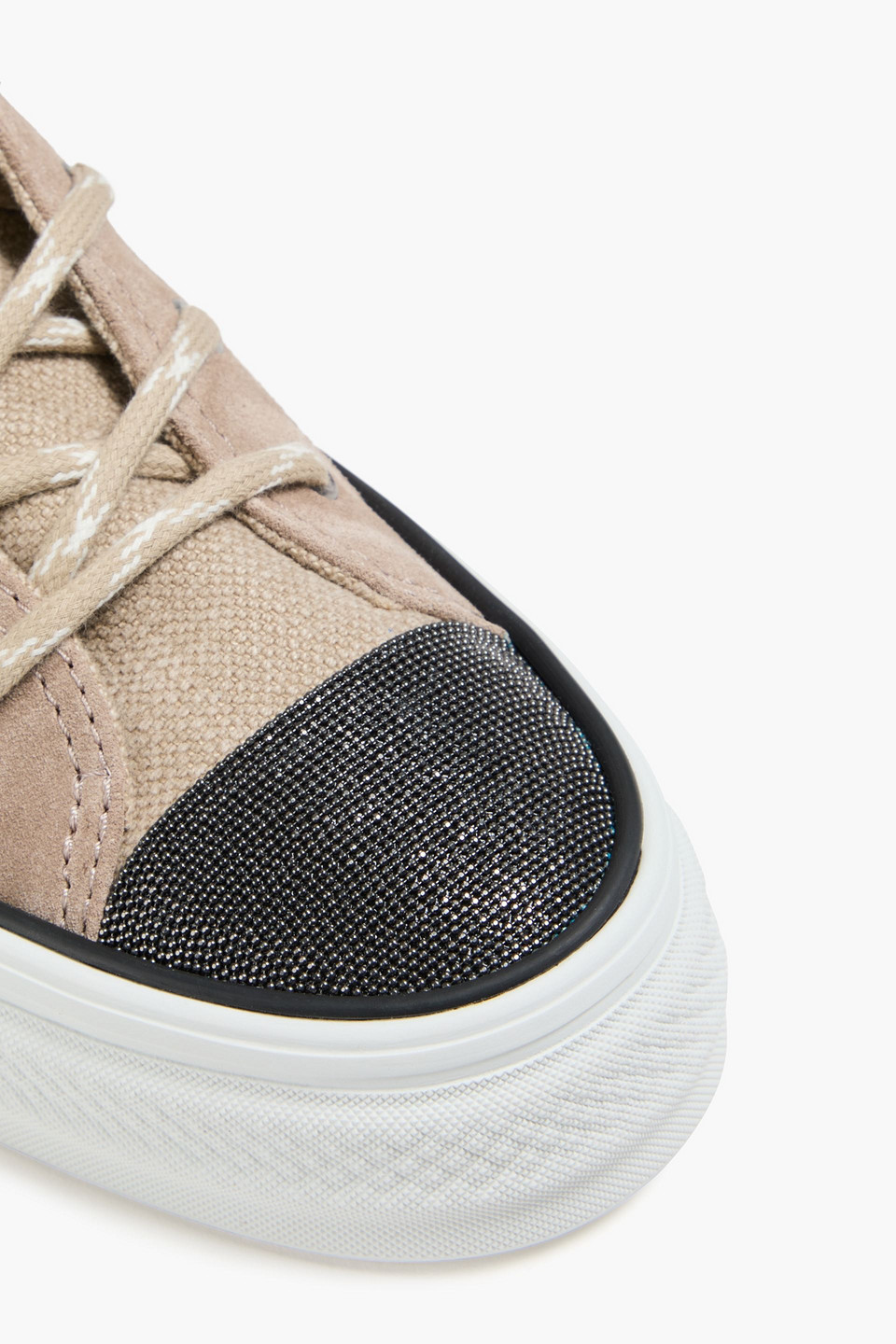 Brunello Cucinelli Bead-embellished Canvas High-top Sneakers In Mushroom