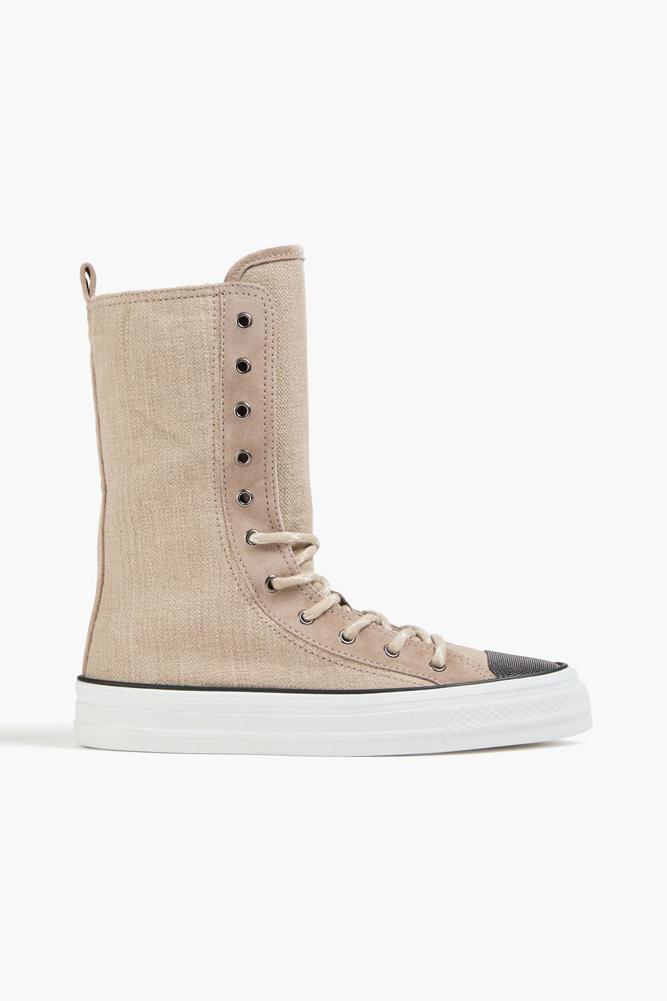 Brunello Cucinelli Bead-embellished Canvas High-top Sneakers In Mushroom