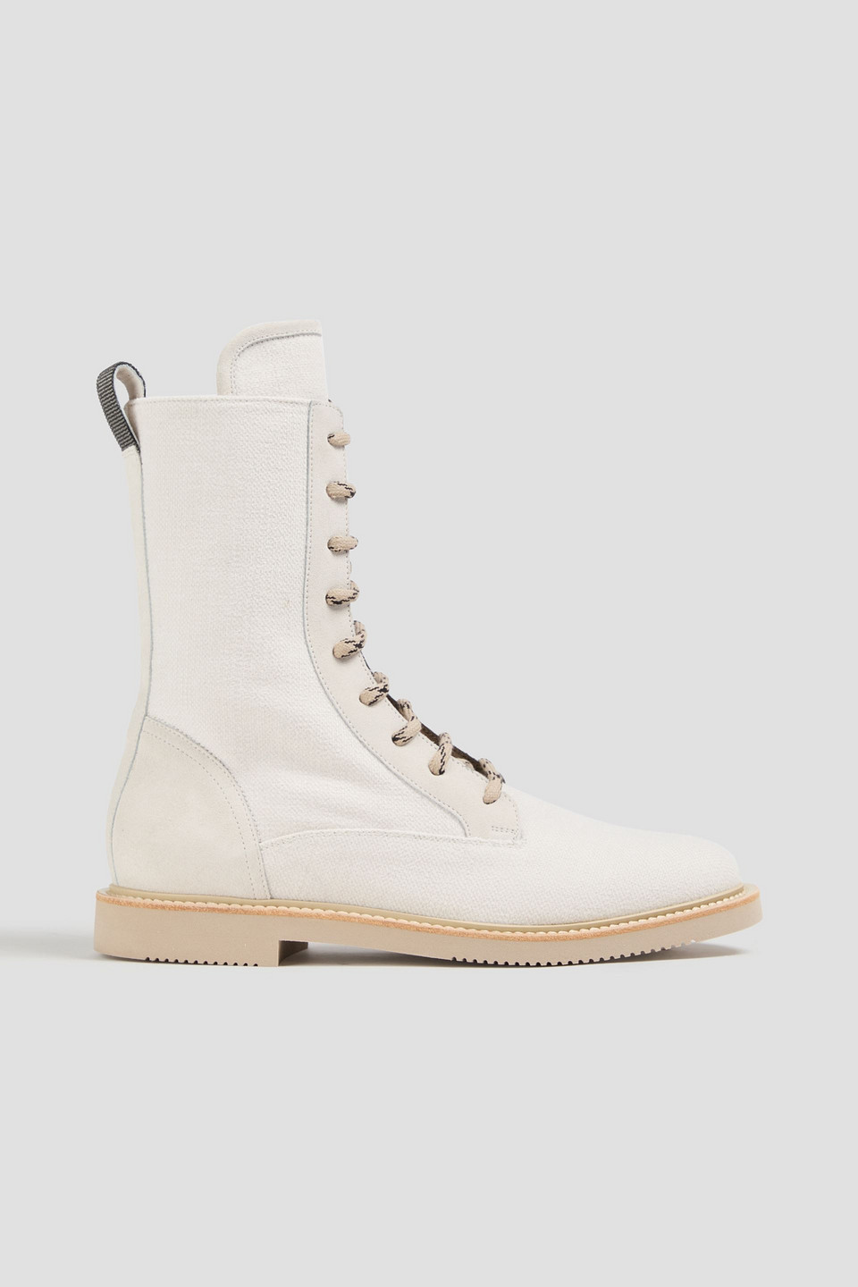 Brunello Cucinelli Bead-embellished Canvas Combat Boots In Ecru