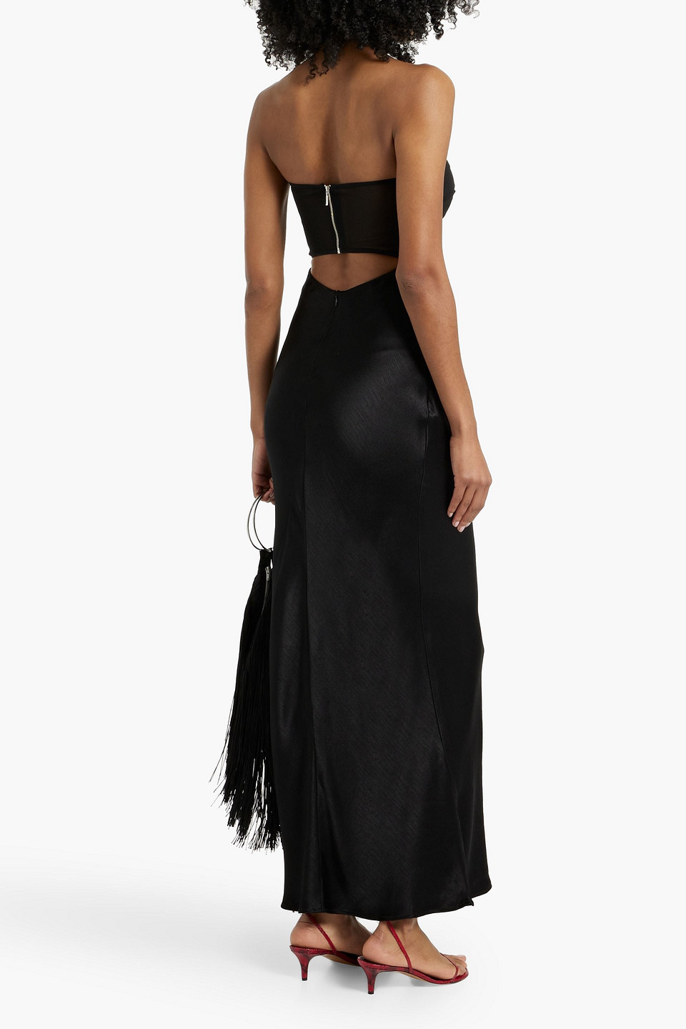 BEC & BRIDGE HALLE STRAPLESS CUTOUT MESH AND SATIN-CREPE MAXI DRESS