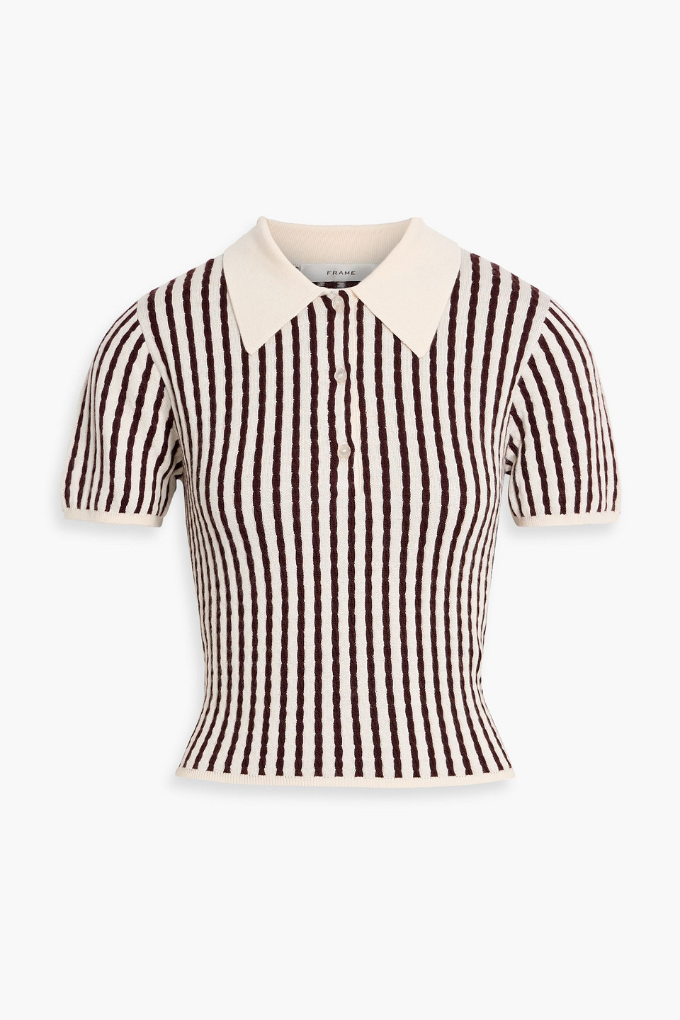 Frame Striped Cable-knit Cashmere And Silk-blend Polo Shirt In Brown