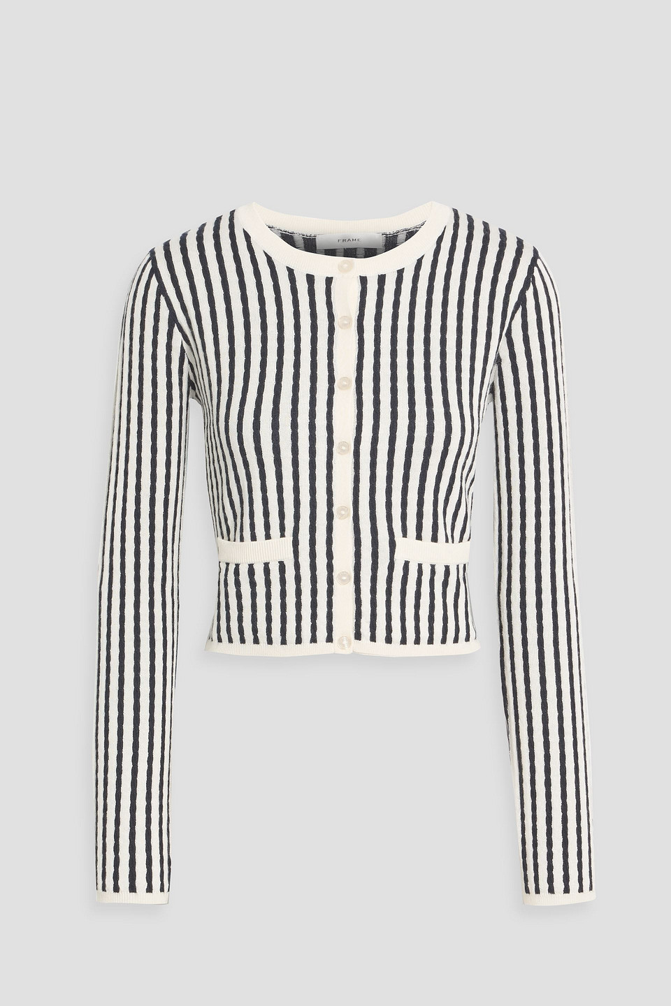 frame - striped cable-knit cashmere and silk-blend cardigan - blue - xs