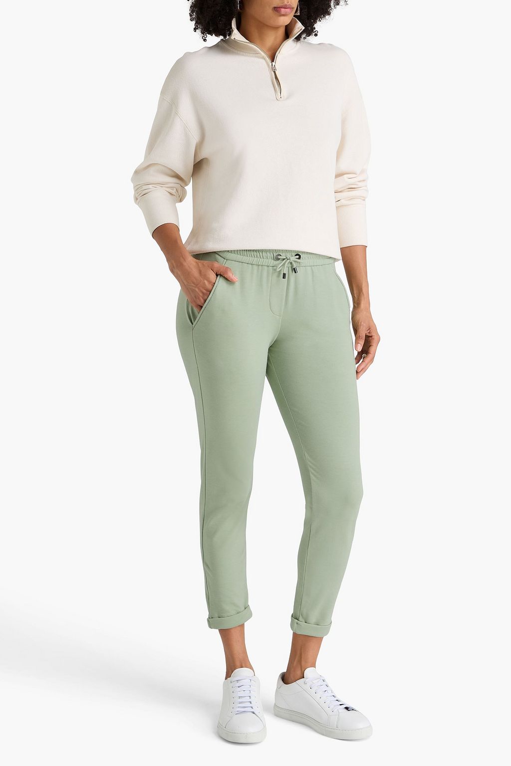 BRUNELLO CUCINELLI Cropped bead-embellished French cotton-blend terry track pants