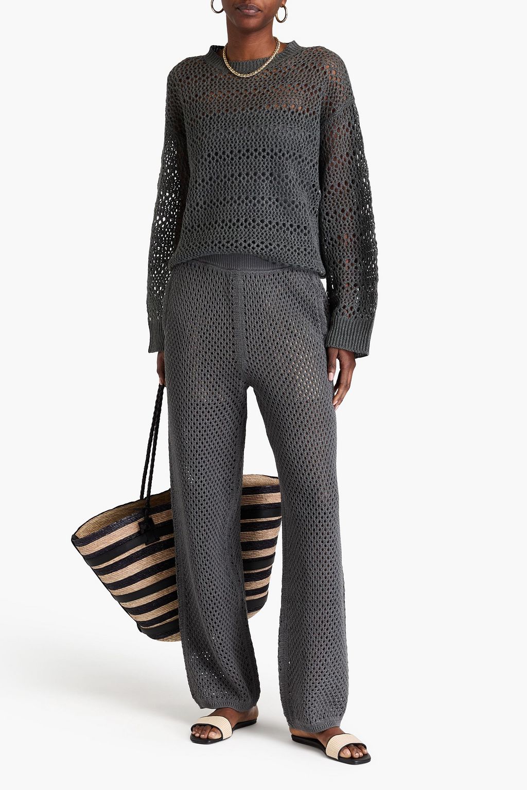 BRUNELLO CUCINELLI بنطال بأرجل مستقيمة من القطن من نسيج بحبكة مفتوحة