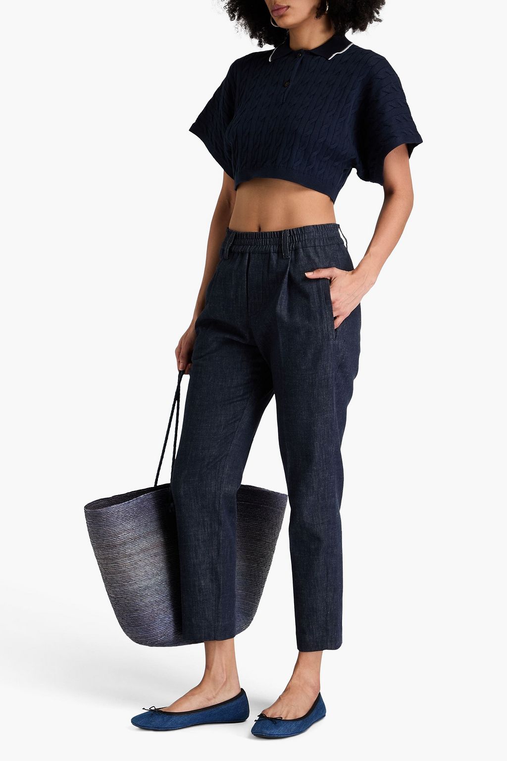 BRUNELLO CUCINELLI Cropped Poloshirt aus Baumwolle mit Zopfstrickmuster