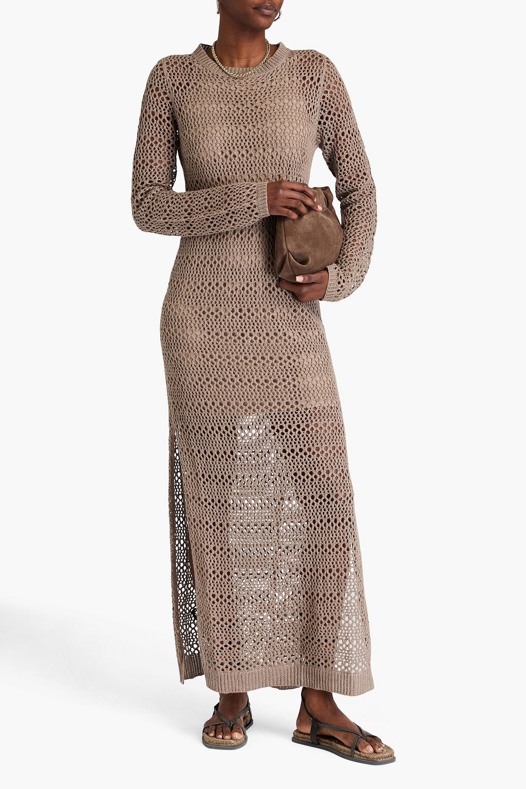 BRUNELLO CUCINELLI Maxikleid aus einer Leinen-Seidenmischung in Lochstrick