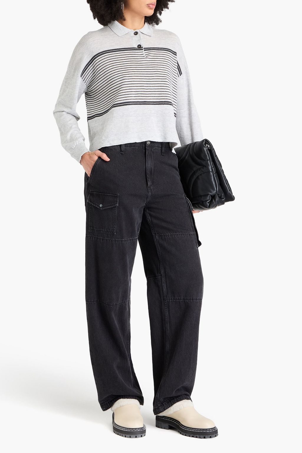 BRUNELLO CUCINELLI Gestreifter Pullover aus einer Leinen-Baumwollmischung mit Polokragen und Metallic-Effekt