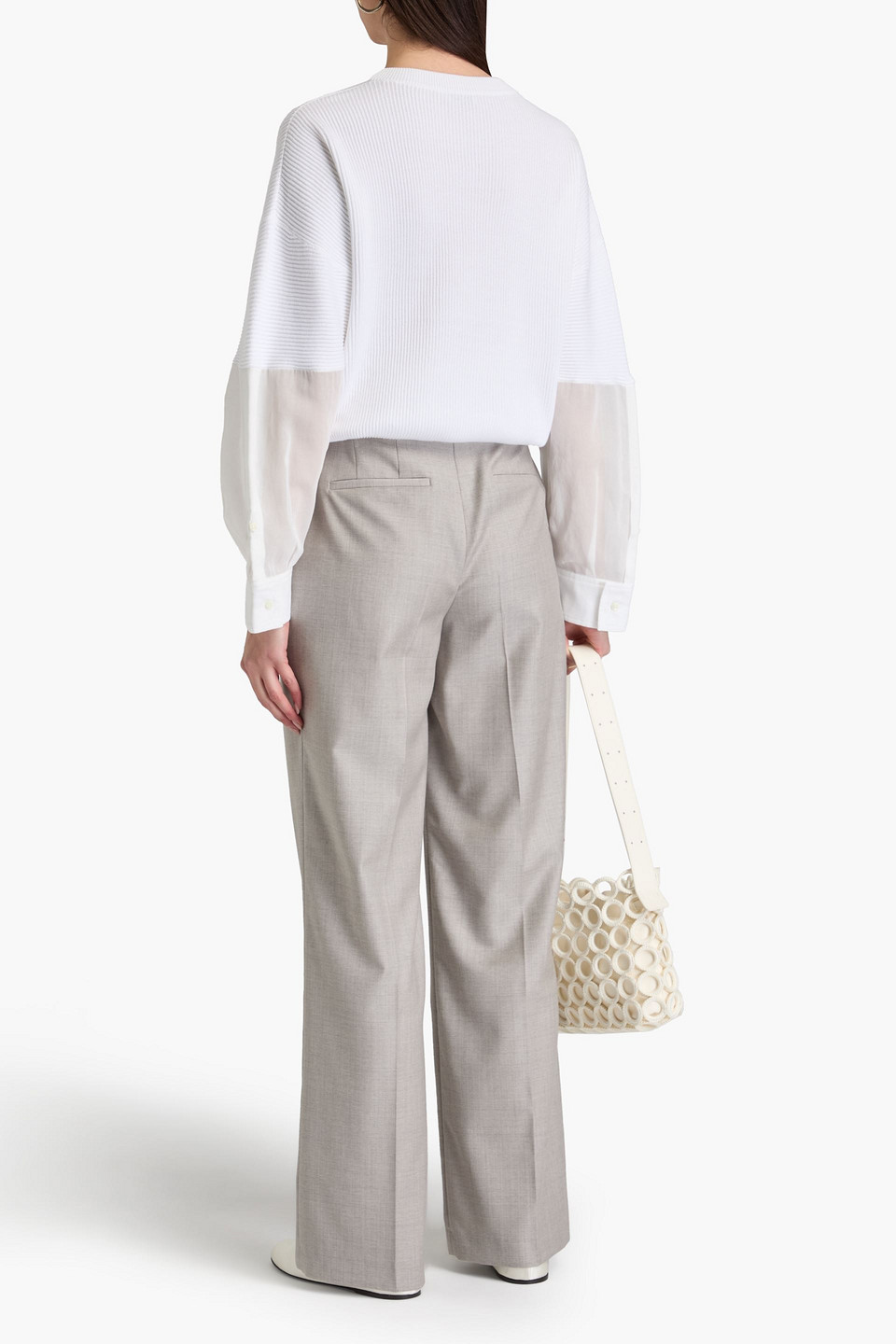 Brunello Cucinelli Organza-paneled Ribbed Cotton Sweater In Weiss