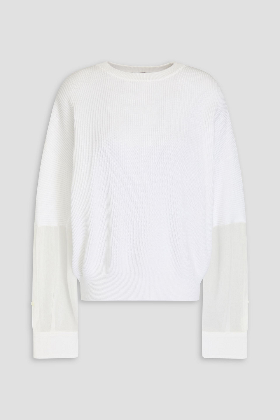 Brunello Cucinelli Organza-paneled Ribbed Cotton Sweater In Weiss