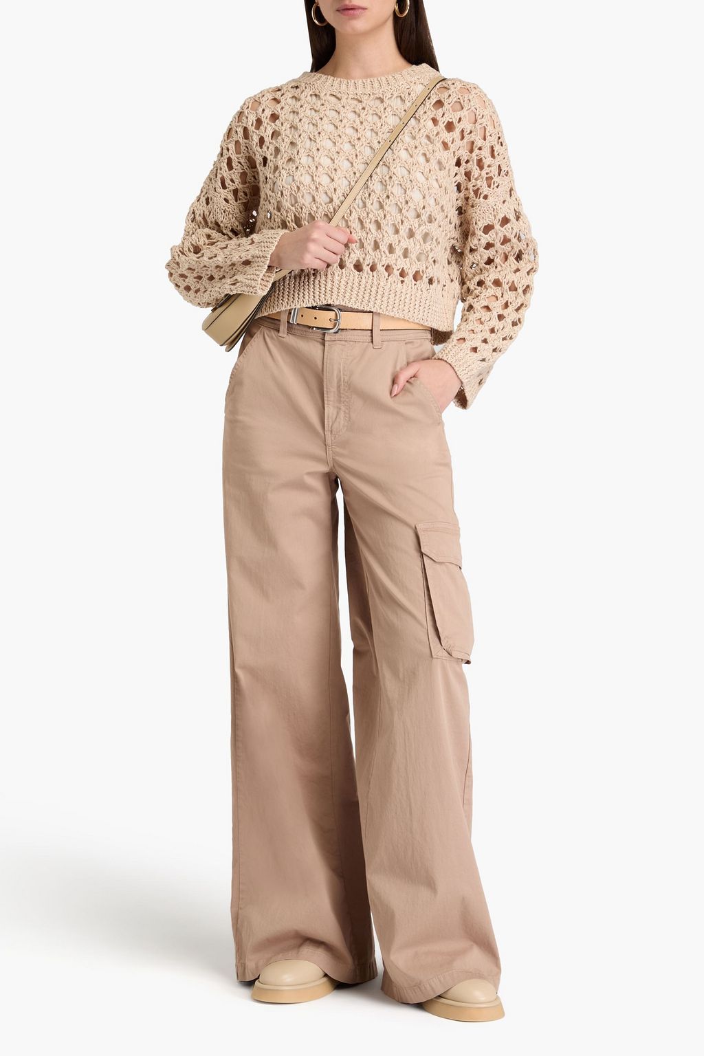 BRUNELLO CUCINELLI 오픈 니트 주트 혼방 크롭 스웨터