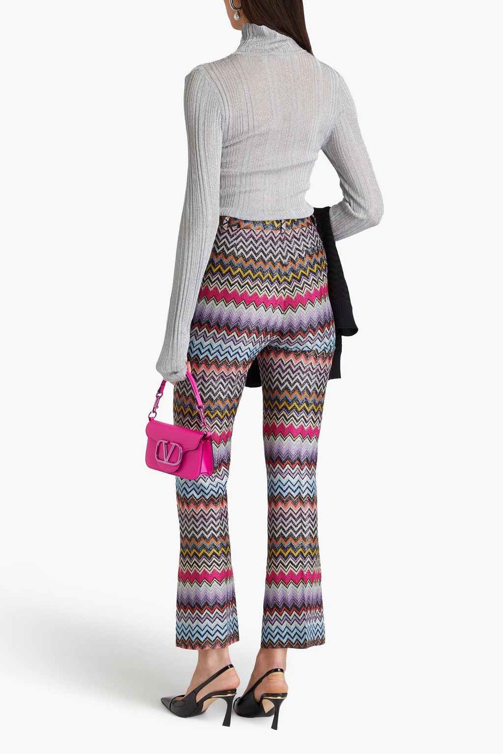 MISSONI بنطلون بقصة واسعة من الأسفل من نسيج بحبكة كروشيه بلون معدني