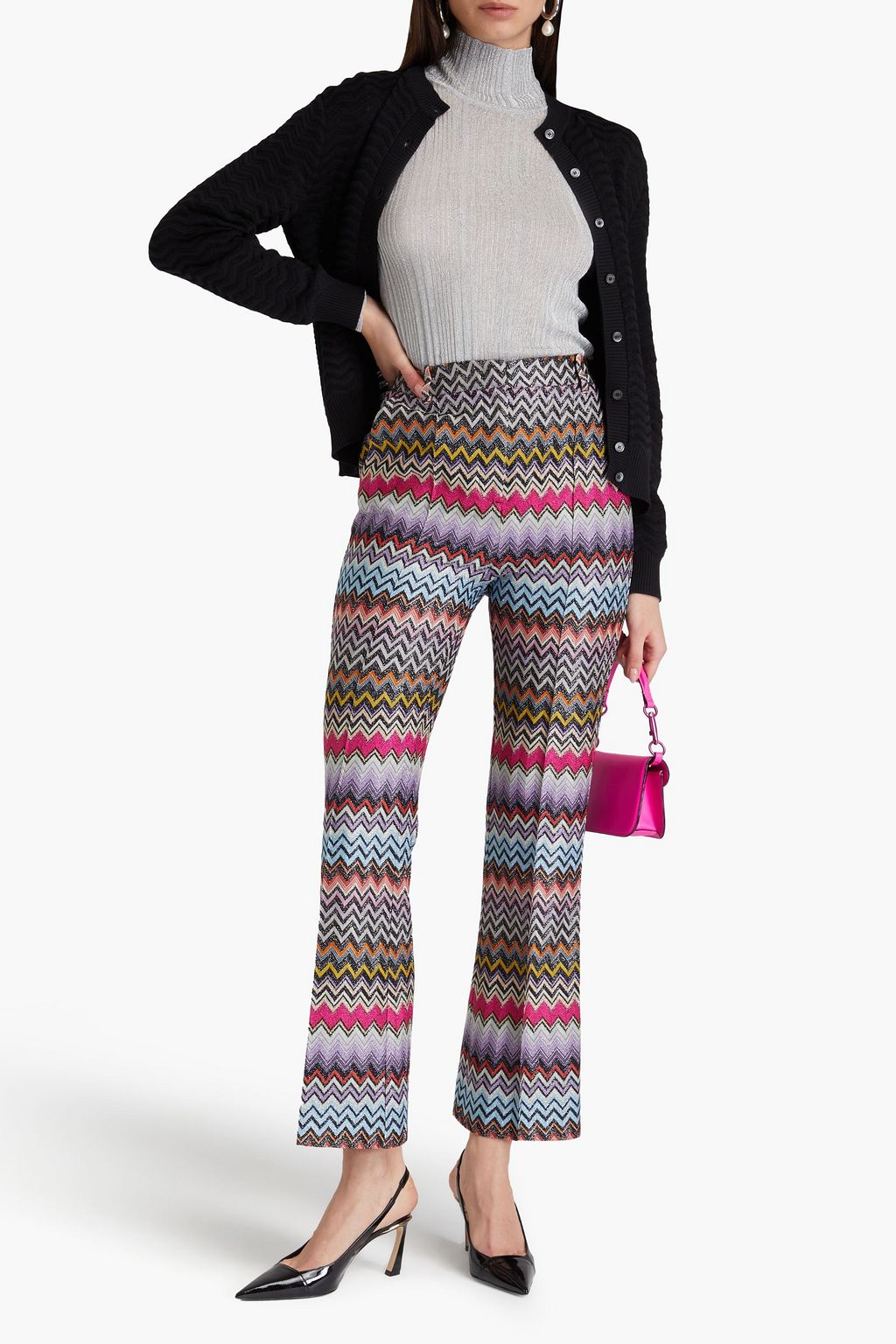 MISSONI بنطلون بقصة واسعة من الأسفل من نسيج بحبكة كروشيه بلون معدني
