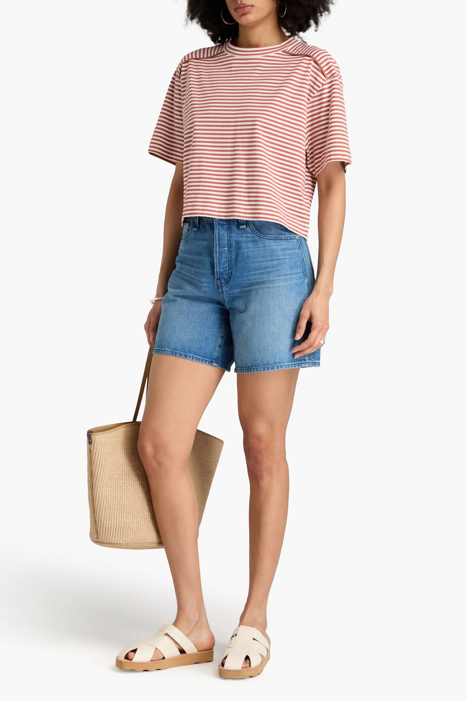 Brunello Cucinelli T-shirt Aus Baumwoll-jersey Mit Streifen In Nudefarben