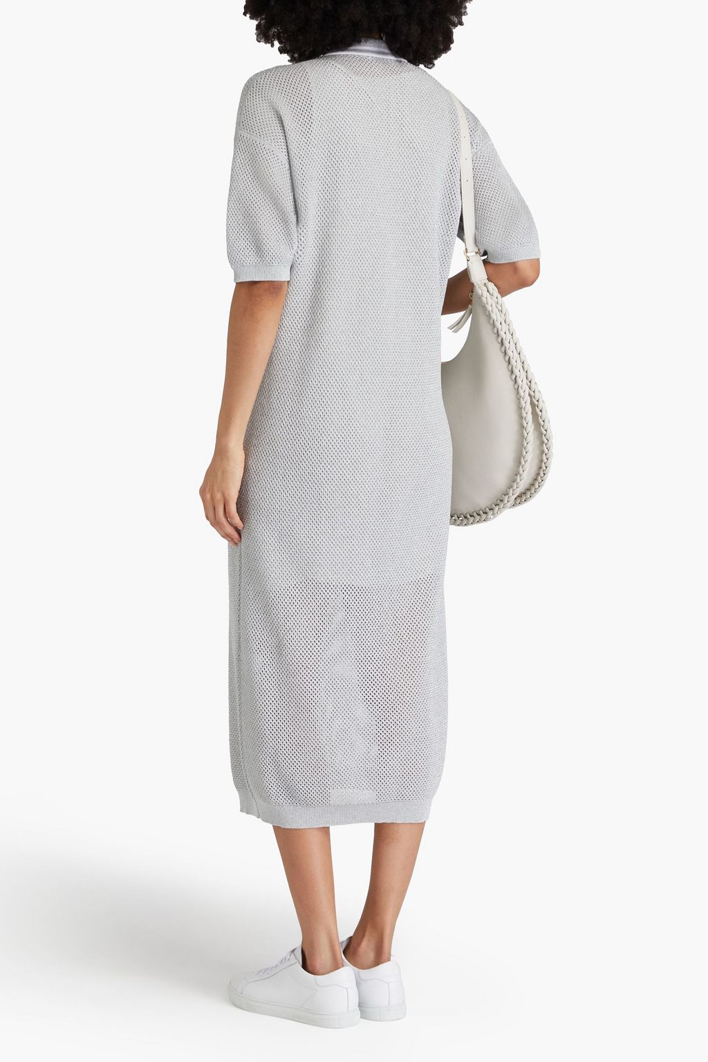 BRUNELLO CUCINELLI Midikleid in Lochstrick aus einer Baumwollmischung in Metallic-Optik
