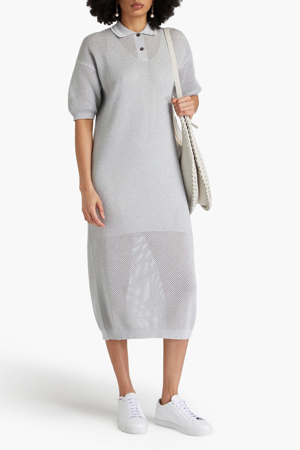 BRUNELLO CUCINELLI Midikleid in Lochstrick aus einer Baumwollmischung in Metallic-Optik