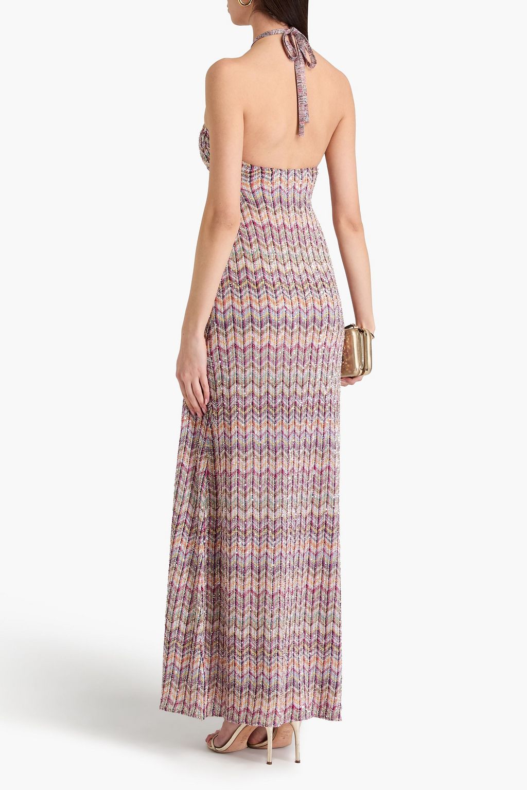 MISSONI Sequin-embellished metallic crochet-knit halterneck maxi dress