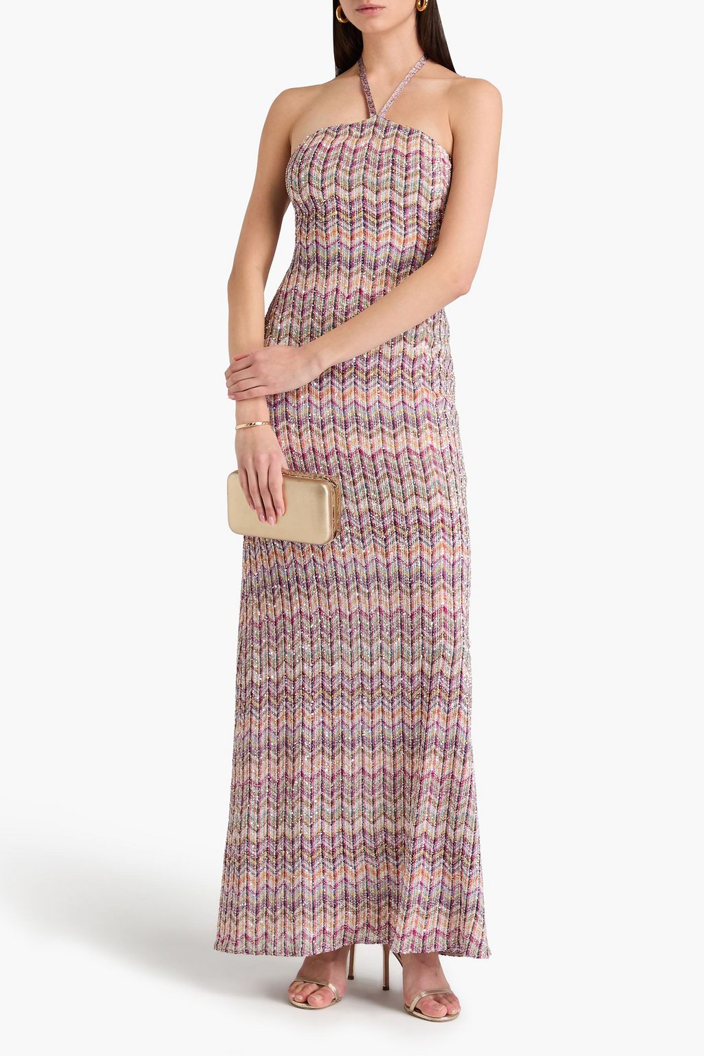 MISSONI Sequin-embellished metallic crochet-knit halterneck maxi dress