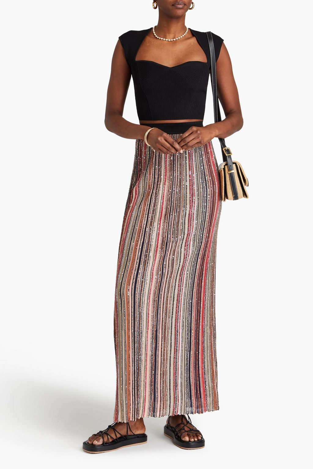 MISSONI 시퀸 장식 스트라이프 리브 니트 맥시 스커트