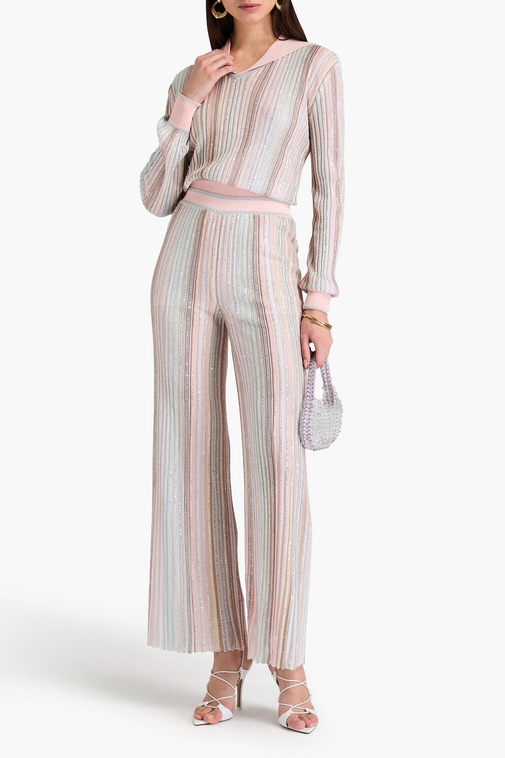 MISSONI بنطلون مخطط بقصة واسعة من الأسفل بحبكة مضلّعة بتصميم مزركش