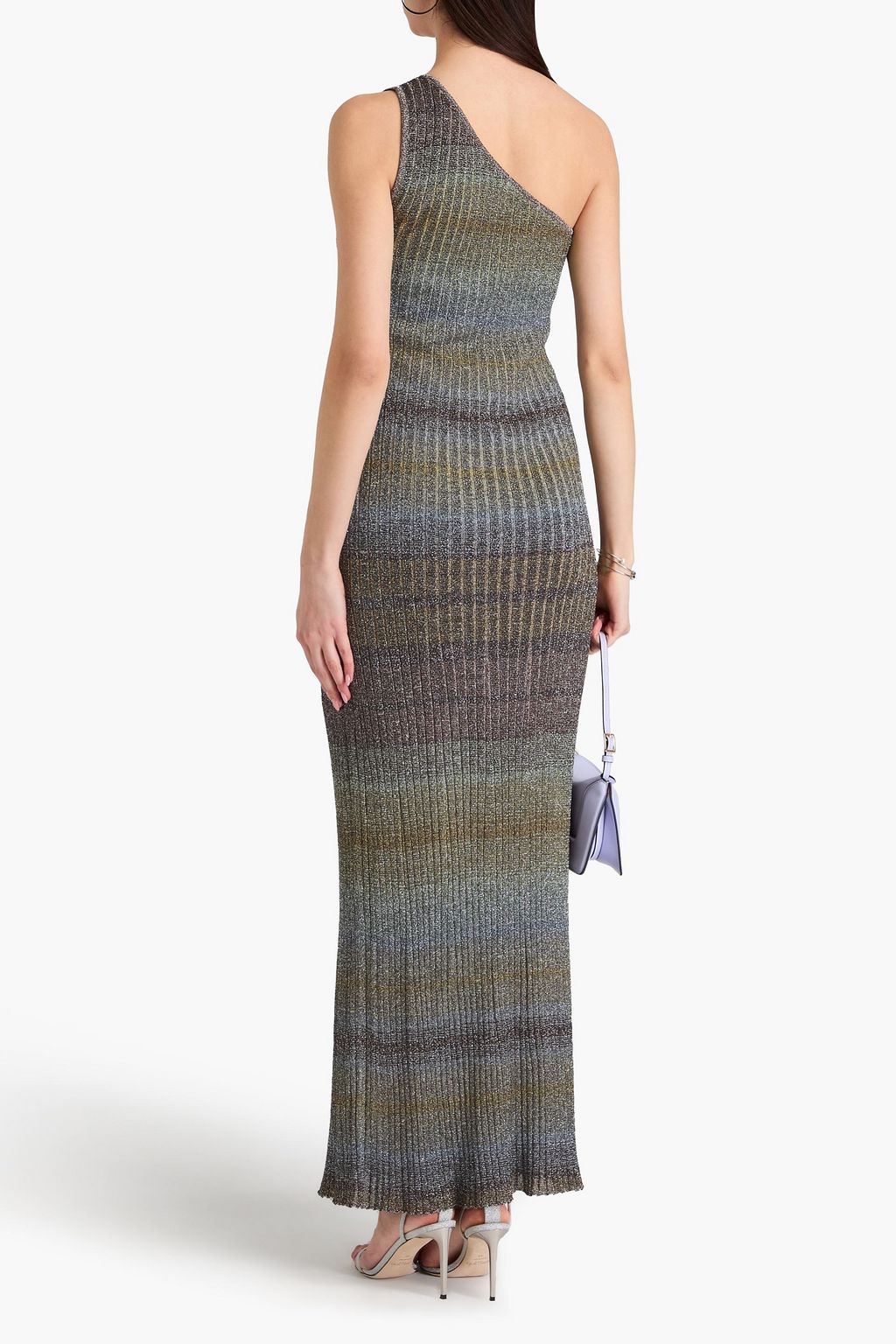 MISSONI فستان طويل بكتف واحد من نسيج بنمط مضلّع بلون معدني