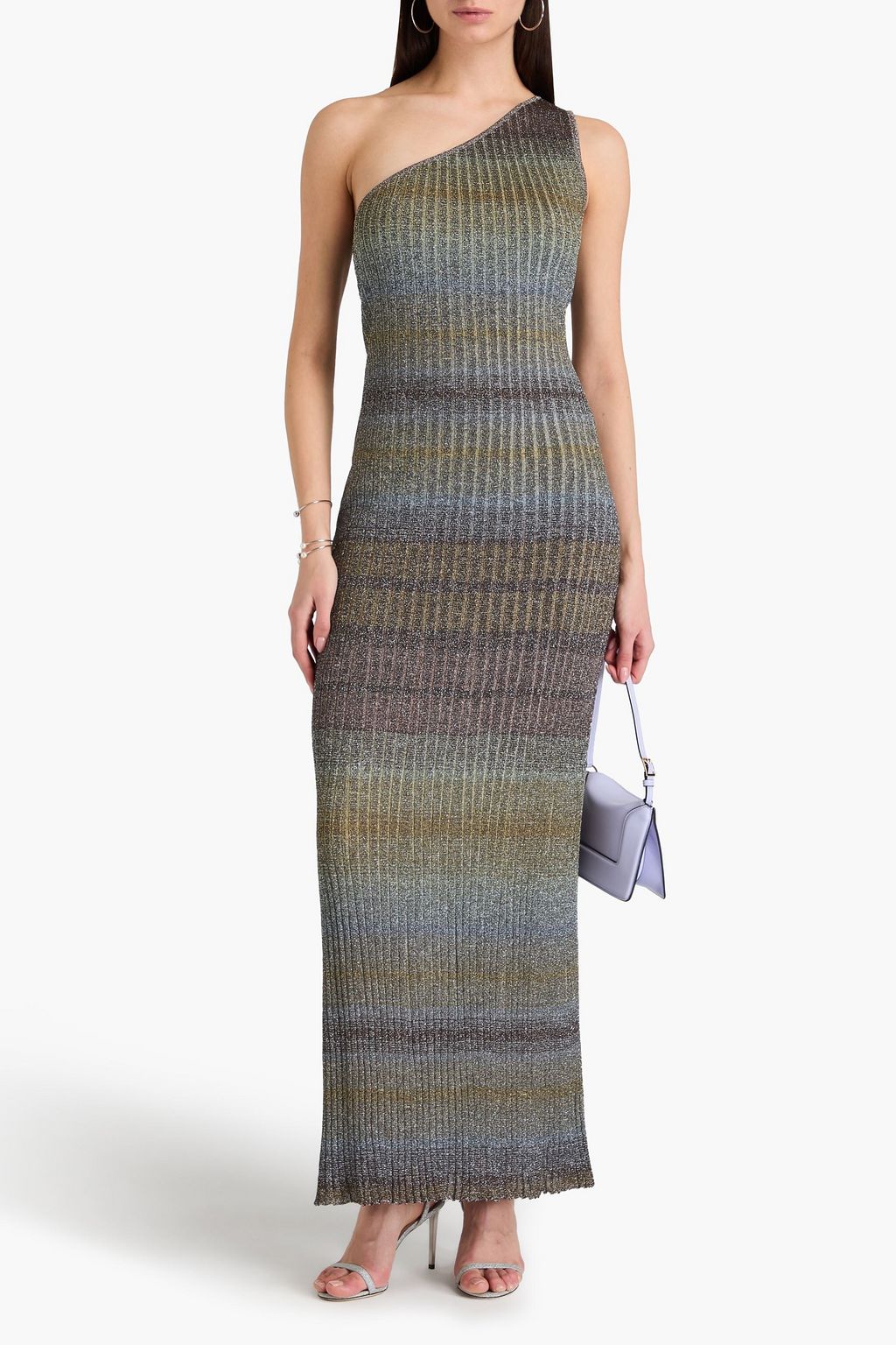 MISSONI فستان طويل بكتف واحد من نسيج بنمط مضلّع بلون معدني
